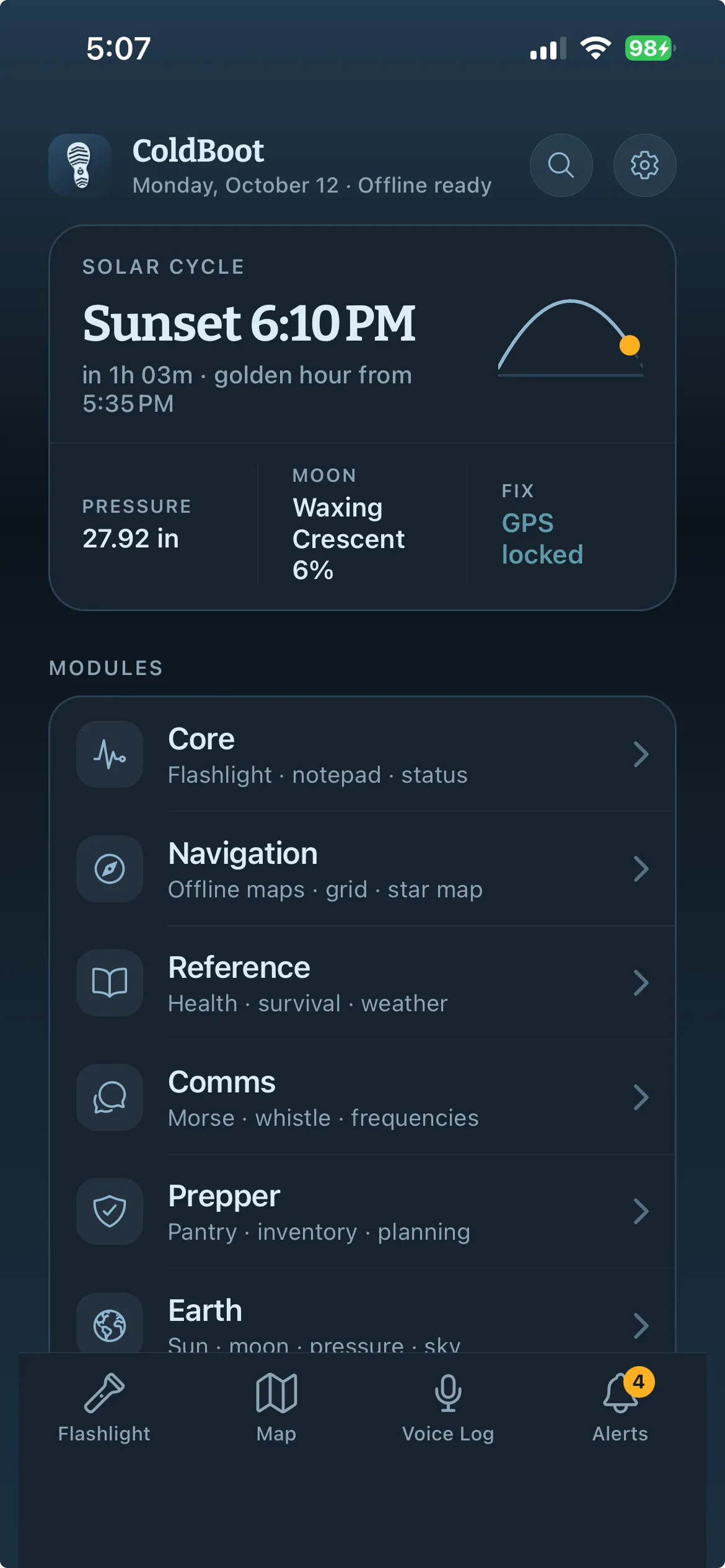 The ColdBoot home screen: today's sunset time with pressure, moon phase and GPS status, above the list of six modules.