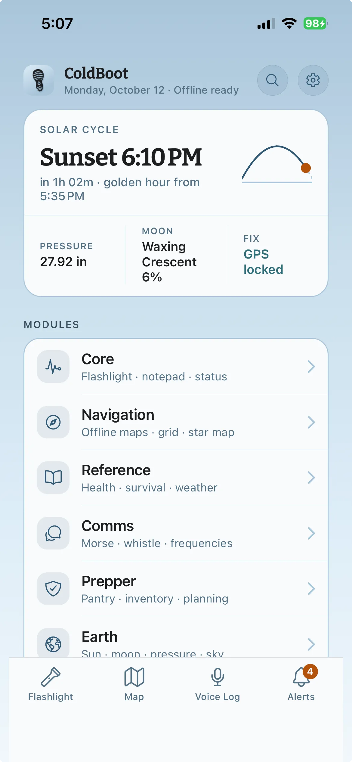 The ColdBoot home screen: today's sunset time with pressure, moon phase and GPS status, above the list of six modules.